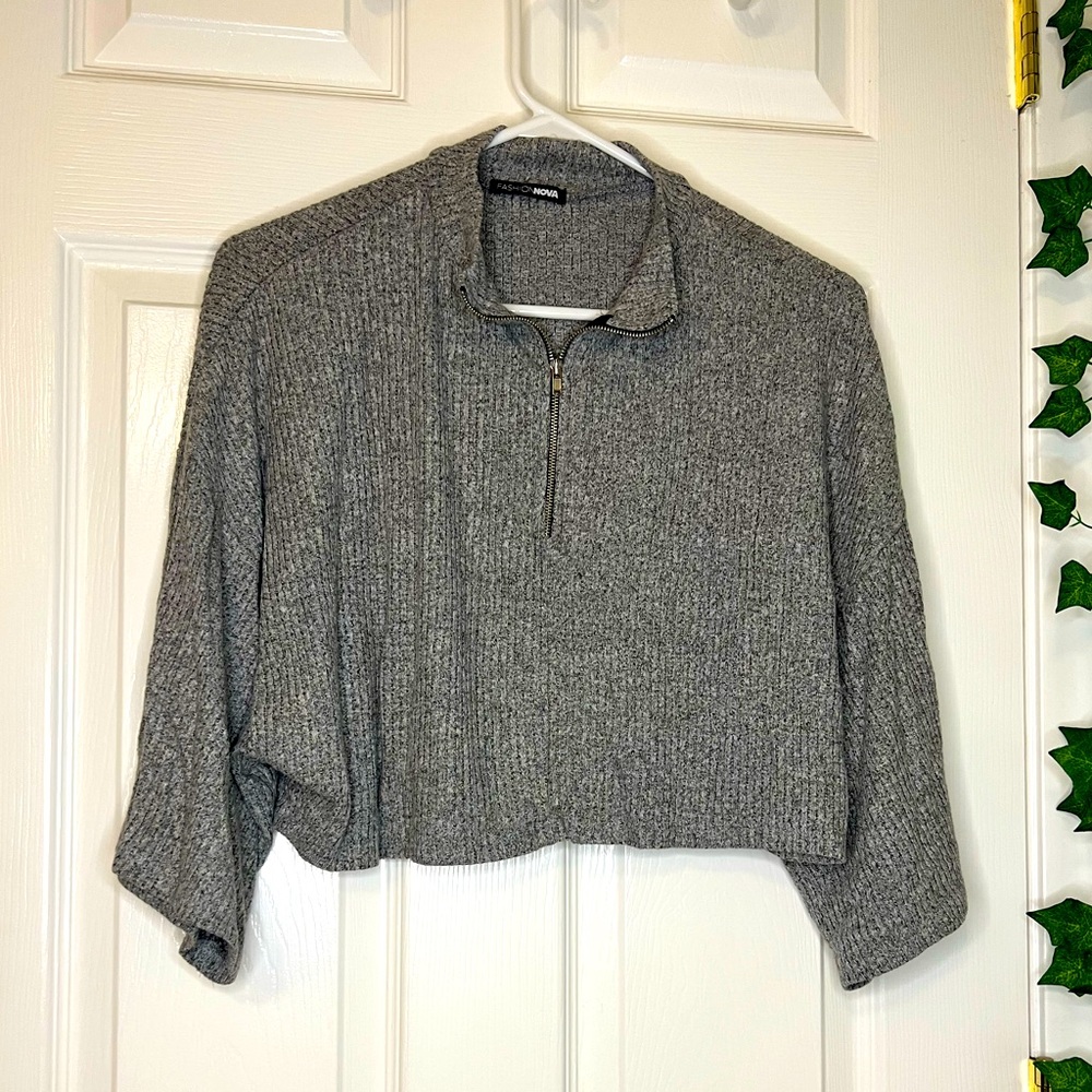 Fashion Nova Grey Ribbed Cropped Quarter Zip